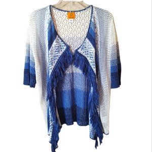 Beautiful blue and white fringed open crochet kimono in size lg at 20.5 inches.
